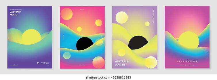 Modern gradient poster background vector set. Cover template with vibrant perspective geometric prism shapes, mountain, moon, sun. Ideal design for social media, cover, banner, flyer.