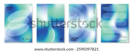 Modern gradient poster background vector set. Minimalist cover template with green and blue perspective geometric prism shapes in motion. Ideal design for social media, banner, spring season card.