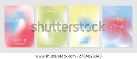 Modern gradient poster background vector set. Minimalist poster summer and spring cover template with green geometric, heart, flower, butterfly. Ideal design for social media, banner, card, ads.