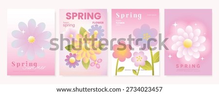 Modern gradient poster background vector set. Minimalist poster summer and spring cover template with green geometric, heart, flower, butterfly. Ideal design for social media, banner, card, ads.
