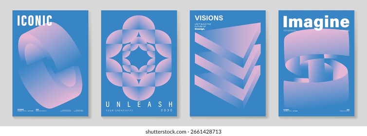 Cartel moderno del gradiente en el sistema azul del Vector del fondo. Plantilla de cubierta minimalista con Formas geométricas de perspectiva rosa diferentes. Diseño ideal para redes sociales, portada, Anuncio, flyer.