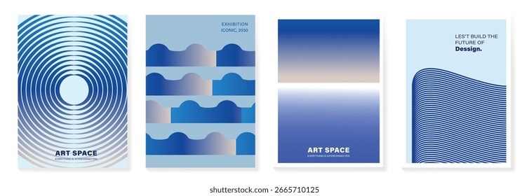 Modernes Farbverlauf-Poster auf blauem Hintergrund, Vektorsatz. Abdeckungsvorlage mit blauen perspektivischen geometrischen Formen unterschiedlich. Modernes Design für Wandkunst, Flyer, Broschüren, Cover und Webbanner.