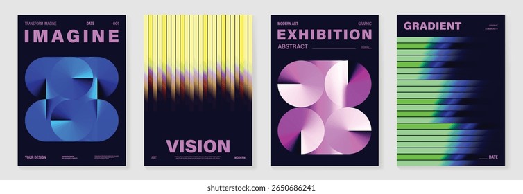 Modern gradient poster on dark background vector set. Cover template with vibrant perspective geometric shapes different. Modern Design for wall art, flyers, brochures, covers and web banners.