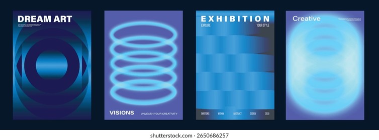 Modern gradient poster on dark background vector set. Cover template with vibrant perspective geometric shapes different. Modern Design for wall art, flyers, brochures, covers and web banners.