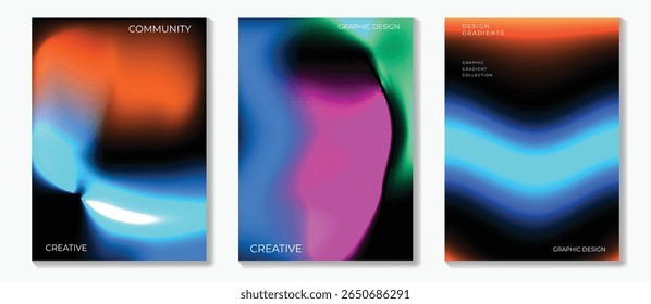 Póster degradado moderno sobre fondo oscuro conjunto de Vector. Plantilla de la cubierta con Formas geométricas de perspectiva vibrante diferentes. Diseño moderno para el arte de la pared, volantes, folletos, cubiertas y Anuncios de Web.