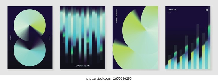 Cartaz de gradiente moderno no conjunto de vetores de fundo escuro. Modelo de capa com perspectiva vibrante formas geométricas diferentes. Design moderno para arte de parede, folhetos, brochuras, capas e banners web.