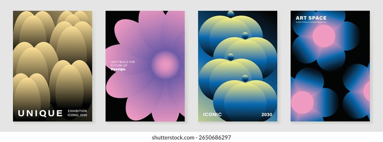 Modern gradient poster on dark background vector set. Cover template with vibrant perspective geometric shapes different. Modern Design for wall art, flyers, brochures, covers and web banners.