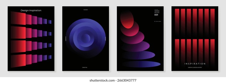Póster degradado moderno sobre fondo oscuro conjunto de Vector. Plantilla de la cubierta con Formas geométricas de perspectiva vibrante diferentes. Diseño moderno para el arte de la pared, volantes, folletos, cubiertas y Anuncios de Web.