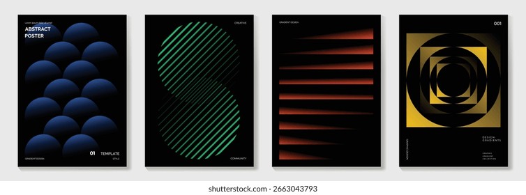 Cartaz de gradiente moderno no conjunto de vetores de fundo escuro. Modelo de capa com perspectiva vibrante formas geométricas diferentes. Design moderno para arte de parede, folhetos, brochuras, capas e banners web.