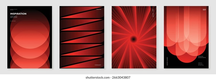 Modern gradient poster on dark background vector set. Cover template with red geometric shapes, wavy line. Modern Design for wall art, flyers, brochures, covers and web banners.