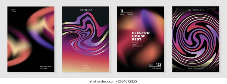 Cartaz de gradiente moderno no conjunto de vetores de fundo escuro. Modelo de cobertura minimalista com perspectiva vibrante formas de prisma geométrico em movimento. Design ideal para mídia social, capa, banner, folheto.