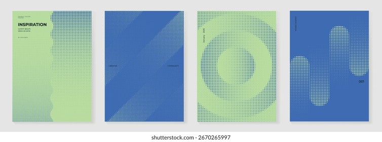 Modern gradient poster on green and blue background vector set. Cover template with blue and green dot halftone in different shape. Modern Design for wall art, flyer, brochure, cover and web banner.