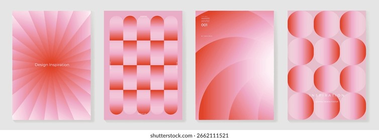 Cartaz de gradiente moderno em conjunto de vetor de fundo rosa. Modelo de capa com perspectiva vermelha formas geométricas diferentes. Design moderno para arte de parede, folhetos, brochuras, capas e banners web.