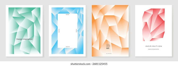 Modern gradient poster on white background vector set. Minimalist cover template with blue green orange and red perspective geometric prism shapes in motion. Ideal design for cover, banner, flyer.