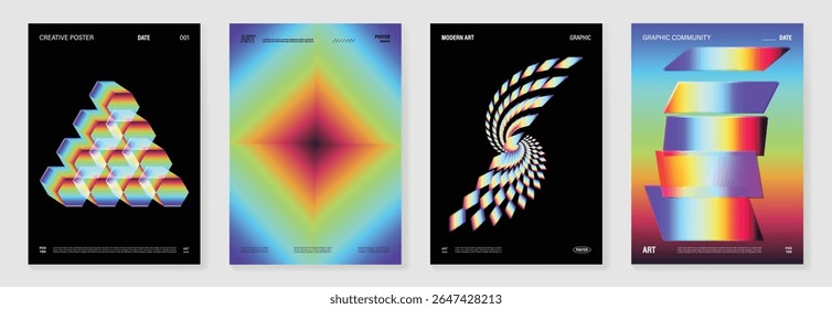 Modern gradient prism poster background vector set. Cover template with vibrant perspective geometric prism shapes different. Ideal design for social media, cover, banner, flyer.