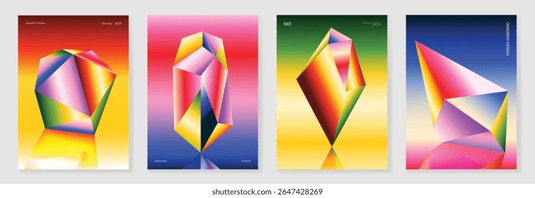 Modernes Farbverlauf-Prisma-Poster-Hintergrund-Vektor-Set. Abdeckungsschablone mit vibrierenden perspektivischen geometrischen Prismen Formen unterschiedlich. Ideales Design für Social Media, Cover, Banner, Flyer.
