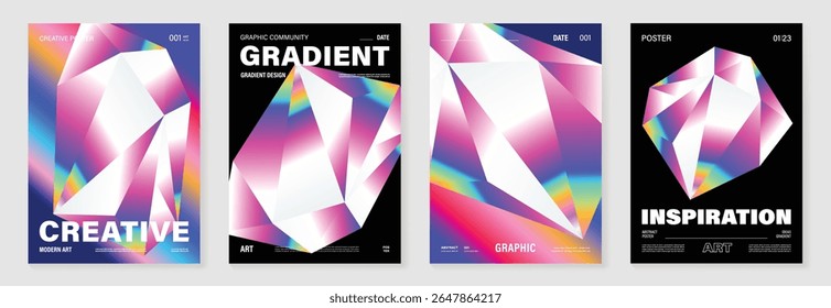 Modern gradient prism poster background vector set. Cover template with vibrant perspective geometric prism shapes different. Ideal design for social media, cover, banner, flyer.