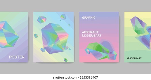 Modern gradient prism poster background vector set. Cover template with vibrant perspective geometric prism shapes different