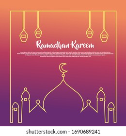 Modern Gradient Ramadan Kareem Background Template with mosque in center for Invitation, Poster, Banner, Illustration Vector Lineart style