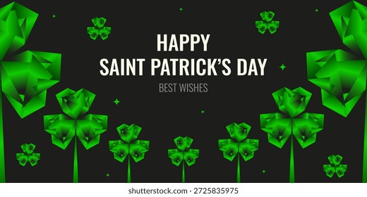 Modern Gradient Saint Patcrick's Day banner. Vector vibrant color Gradient green Clover Frame with holiday message isolated black background. Perfect ads placard. EPS 10