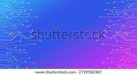 Modern Gradient Technology Background Featuring Glowing Circuit Board Lines and Connectivity Nodes. Abstract Digital Electronic Pattern for Artificial Intelligence, Computing, Future Tech Design, and Global Communication. High Quality Vector Illustration for Web Banner and Corporate Presentation.