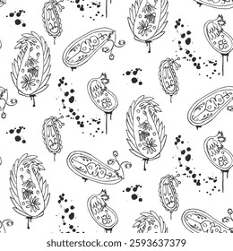 Modern graffiti paisley seamless pattern. Ink painted indian ornament endless background. Bandana folk repeat cover. Vector monochrome continuous ornament. Surface pattern design trendy paisly motif.