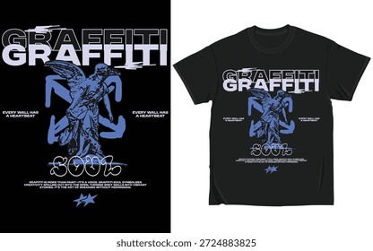 Ein modernes, von Graffiti inspiriertes T-Shirt-Design mit gewagter urbaner Typografie und einer geflügelten Engelsstatue. Dieses Kunstwerk verbindet Street-Art-Ästhetik mit zeitgenössischen grafischen Elementen und schafft so ein kraftvolles visuelles Statement. Perfekt für Bekleidungsdruck, Streetwear-Marken, urbane Mode, Poster und kreative Merchandise. Kontrastreiche Farben und saubere Komposition, geeignet sowohl für digitale als auch für Druckanwendungen.