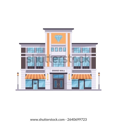 Modern Grand Mall building in flat style. New retail center or store facade isolated on white background. Front view. Vector clip art for web, apps, infographics, and shopping concept.