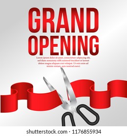 modern Grand Opening Event template with cutting red ribbon . Poster banner label. vector illustration.