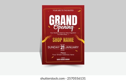 Modern grand opening invitation design with bold fonts, sleek layout, and dynamic elements, ideal for announcing new beginnings. Available in multiple formats for easy customization.