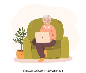 La abuela moderna con un portátil. Vieja sentada en sillón con computadora. Ilustración vectorial de la anciana