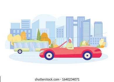 Modern Grandmother Driving Red Sports Car without Roof on City Road. Happy Smiling Old Woman behind Wheel. Cute Elderly Lady and Automobile. Summer Auto Trip. Vector Flat Cartoon Illustration