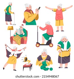 Modern grandmother using smartphone gadget and riding scooters. Granny knitting and dancing, doing sports and leading active lifestyle. Reading and strolling with walking stick. Vector in flat style 