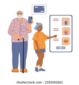 Modern grandpa contactless payment using mobile phone. Senior men young girl cardless smartphone pay. Elderly generation new technologies. Oldies and teens choose food on monitor. Vector illustration.