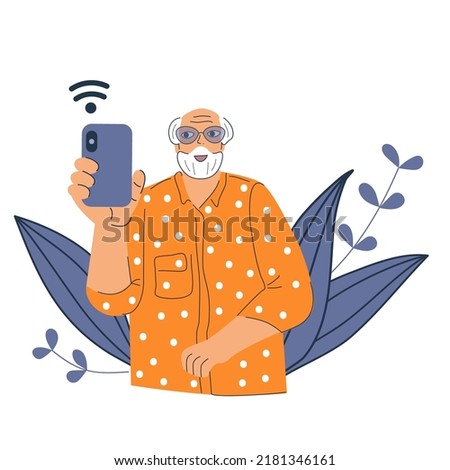 Modern grandparents using smartphone concept. Senior men cardless mobile phone application pay. Grandpa hold phone in hand. Elderly generation new technology online. Happy oldies vector illustration.