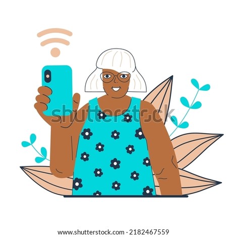 Modern grandparents using smartphone concept. Senior woman cardless mobile phone application pay. Grandma hold phone in hand. Elderly generation new technology online. Happy oldies vector illustration