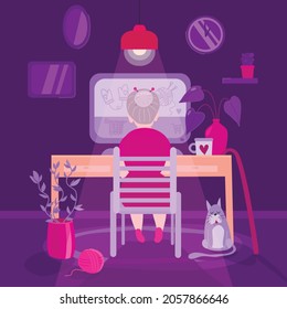 Modern Granny with laptop at night vector flat illustration