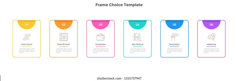 Modern graph with 6 rectangular frames placed in horizontal row. Concept of six features of startup project to select. Simple infographic design template. Flat vector illustration for presentation.