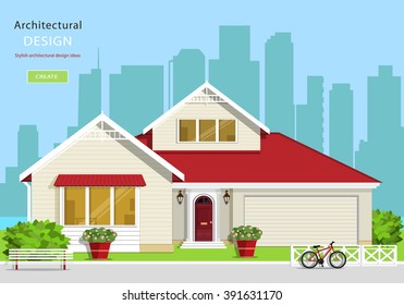 Modern graphic architectural design. Colorful set: house, bench, yard, bicycle, flowers and trees. Flat style vector illustration.