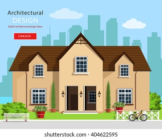 Modern graphic architectural design. Colorful set: house, bench, yard, bicycle, flowers and trees. Flat style vector house building. Cute house design. 
