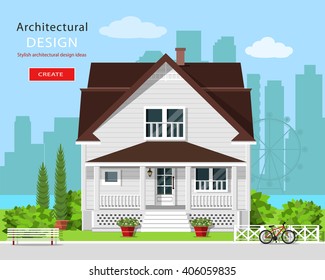 Modern graphic architectural design. Colorful cute house with yard, bench, trees, flowers and city background. Stylish european house. Flat style vector illustration.