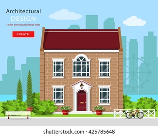 Modern graphic architectural design. Cute brick house. Colorful set: building, bench, yard, bicycle, flowers and trees. Flat style vector illustration.
