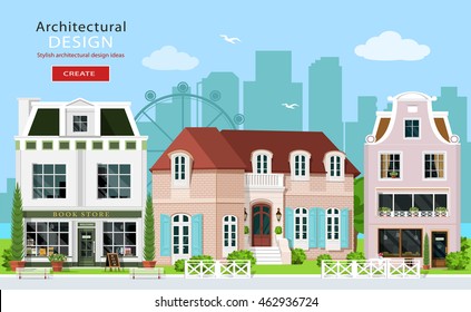 Modern graphic architectural design. Cute european buildings: private houses, cafe and stores. House facades. Flat style vector illustration.