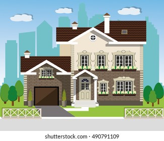 Modern graphic architectural design. Stylish brick house with flowers on the windows. Flat style vector illustration.