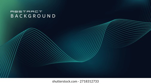 El fondo gráfico moderno utiliza tonos oscuros y fríos para crear una sensación de profundidad y tranquilidad, junto con líneas de onda delgadas y fluidas que agregan dimensión y profundidad. Algunas de las líneas ondulatorias, en tonos de azul verdoso, fluyen de izquierda a derecha, variando en densidad y espaciamiento para crear un patrón ondulado visualmente llamativo.