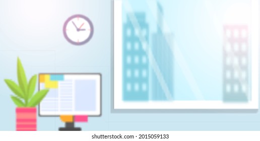Modern graphic bright room with working place near big window overlooking cityscape with tall buildings. Stylish comfortable furniture with monitor, green plant in pot. Living room or office workplace