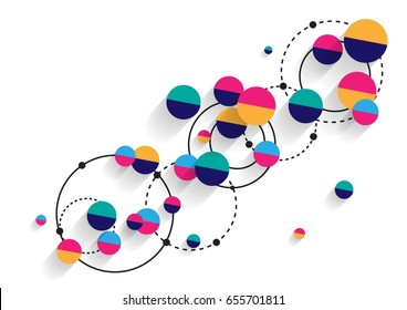 Modern graphic concept. Connected Lines and dots. Overlapping colorful semi circles in white background. Vector illustration