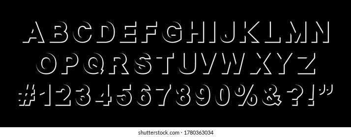 modern graphic creative part stroke typography font alphabet, letters, numbers, sign and symbols, white stock vector illustration clip art abc isolated on black background