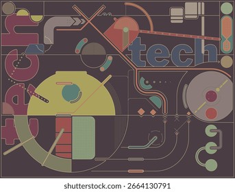 Modernes Grafikdesign: Abstrakter technischer Hintergrund mit "Tech"-Text und mehrfarbiger Palette