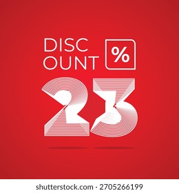 Design gráfico moderno "23% Desconto" com tipografia arrojada em um fundo vermelho, ideal para materiais promocionais e de venda.